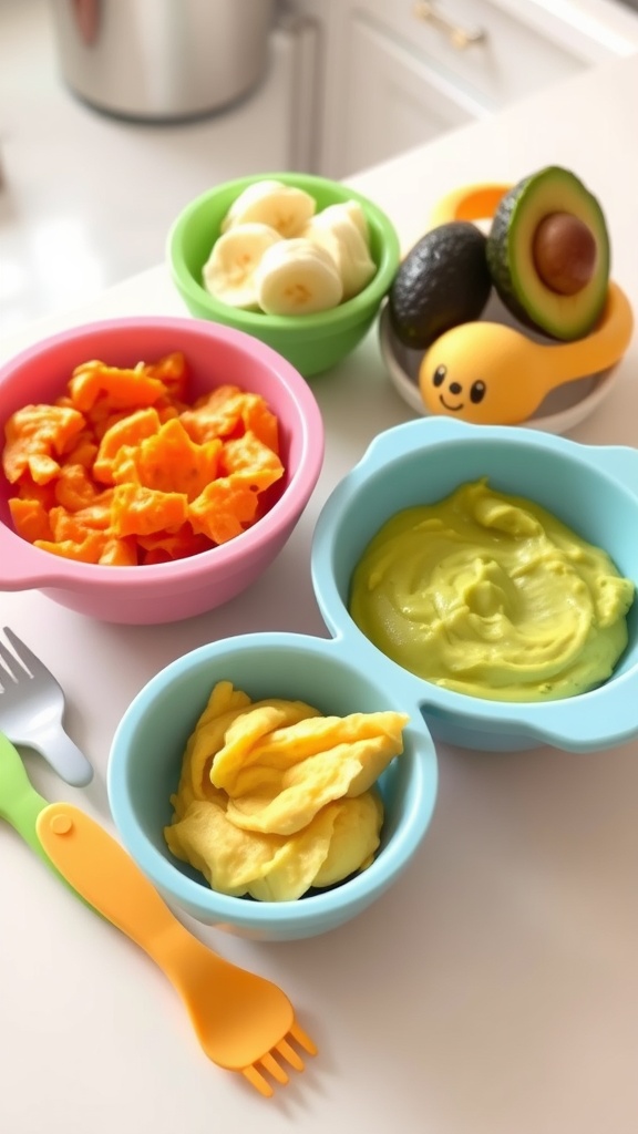 Healthy baby snacks in vibrant bowls: mashed banana, sweet potato puree, avocado spread, and applesauce.
